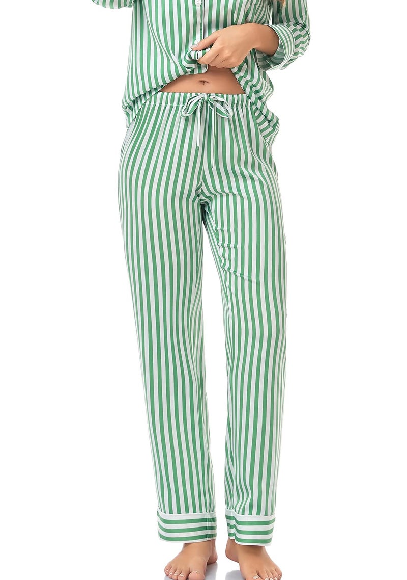Serenedelicacy Women's Satin Pajama Set Long Sleeve Button Down Sleepwear 2-Piece Silky Pj Set (Medium, Green/Ivory, Stripe) - Image 4